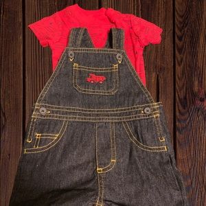 Carters denim overalls with red truck shirt 0-3